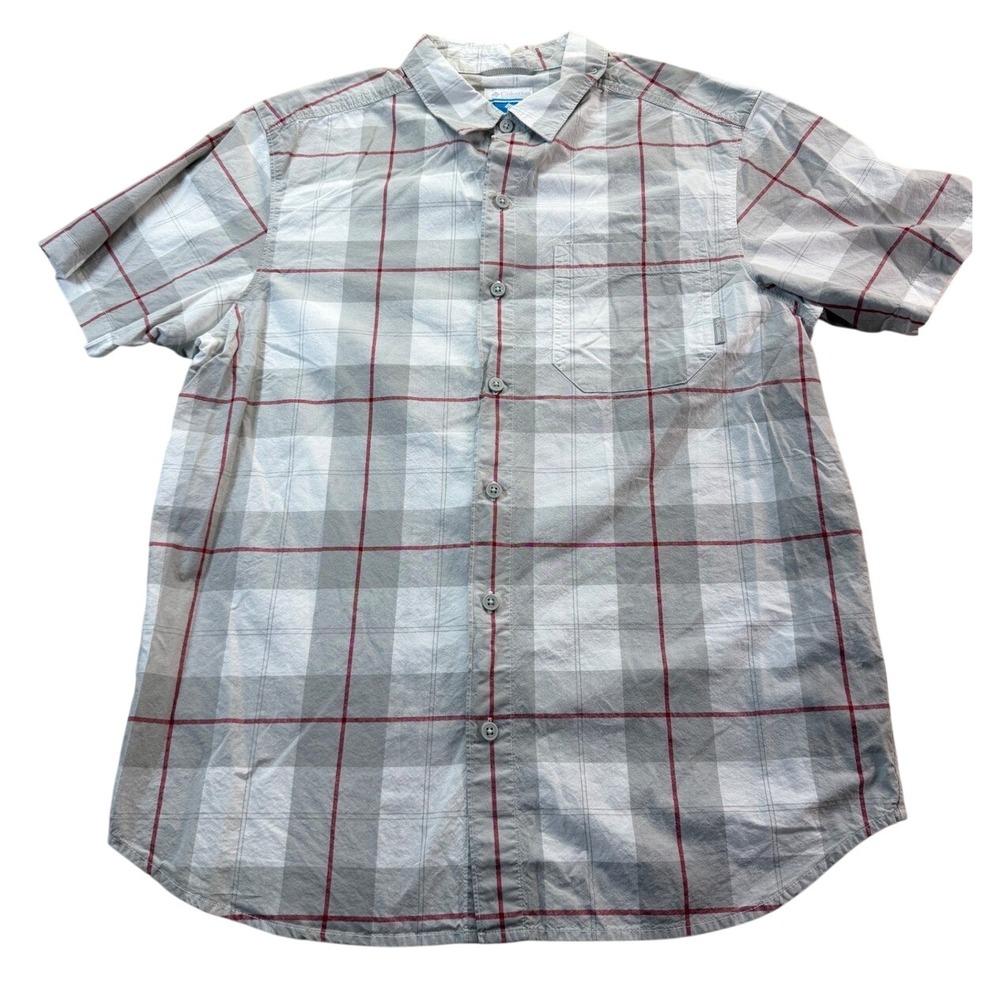 Columbia Shirt Mens M Grey Plaid Short Sleeve Button Down Casual Cotton Top